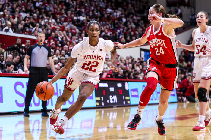 Chloe Moore-McNeil (22) dribbles past Ohio State guard Taylor Mikesell (24) in Simon Skjodt Assembly Hall on Jan. 26, 2023.